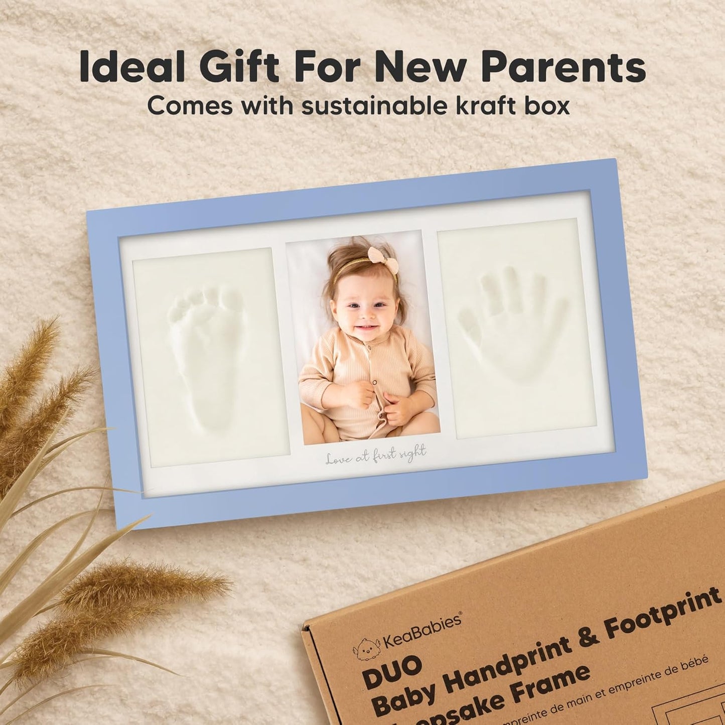 Baby Hand and Footprint Kit - Clay Handprint Keepsake Frame, Newborn Nursery Picture Frame, Personalized New Mom Gifts for Baby Shower & Registry (Cornflower)
