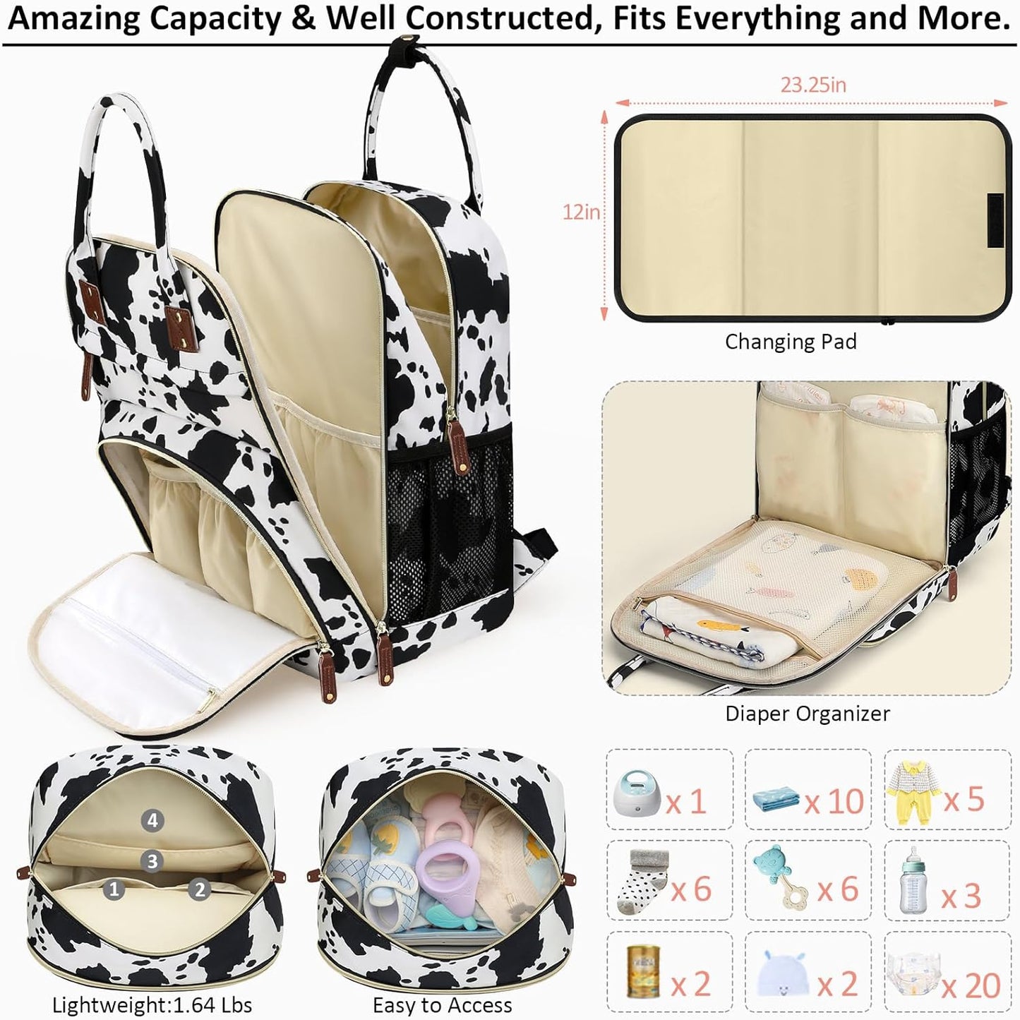 Diaper Bag Backpack for Women with Changing Pad, Baby Bag with Insulated Pockets Multifunctional Diaper Bags For Baby Girl Boy Waterproof Baby Bags For Boys Girls Maternity Bag Cow Print