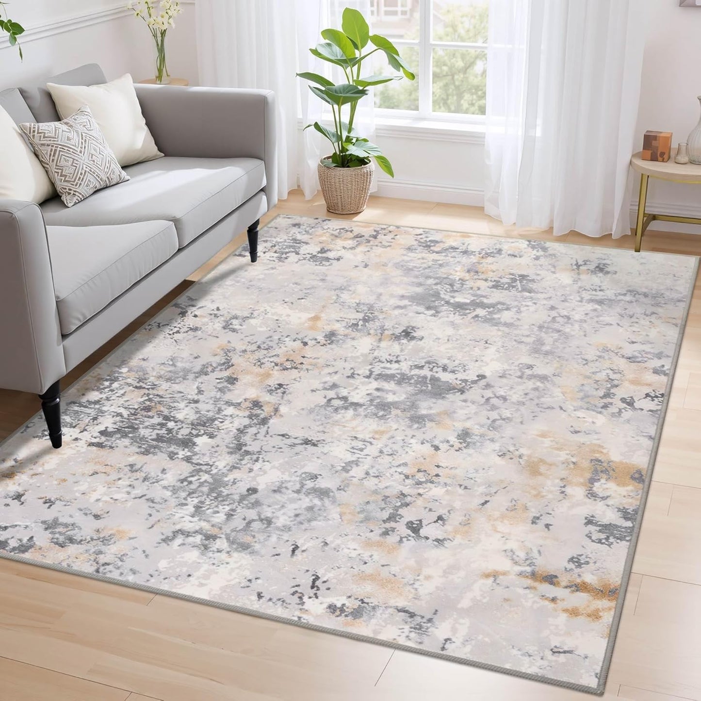 Nursery Rug for Baby Girl, 5x7 Grey Washable Rugs for Living Room Bedroom Dorm Non Slip, Stain Resistant Neutral Carpet Low Pile for Classroom, Dining Room, Kids Playroom