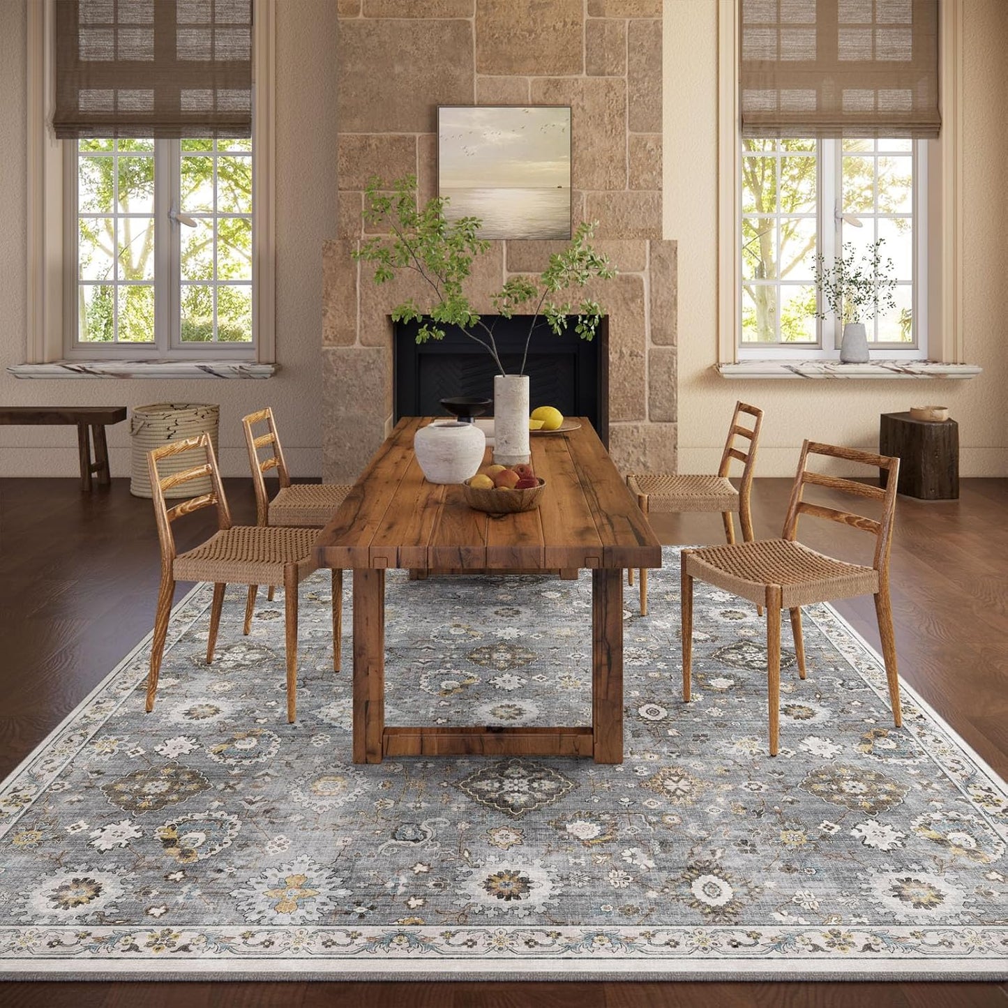 Machine Washable Rug for Living room: 5x7 Area Rugs Boho Vintage Rugs Stain Resistant Non Slip Low Pile Lightweight Soft Carpets for Bedroom Kitchen Dining Room Nursery Kids Room Farmhouse Home Office