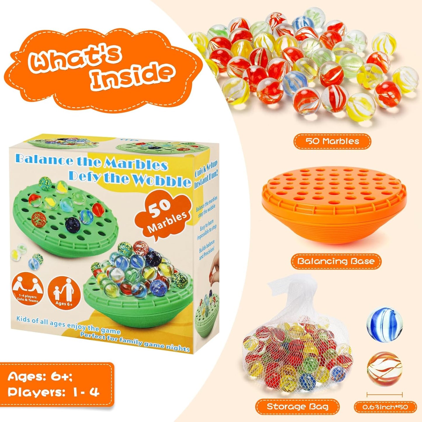 Marble Balance Game - 50 Colorful Marbles with Built-in Storage, Fun Family Challenge for 1-4 Players, Educational Toy for Kids & Adults, Perfect for Parties, Travel & Birthday Gifts (Pumpkin Orange)