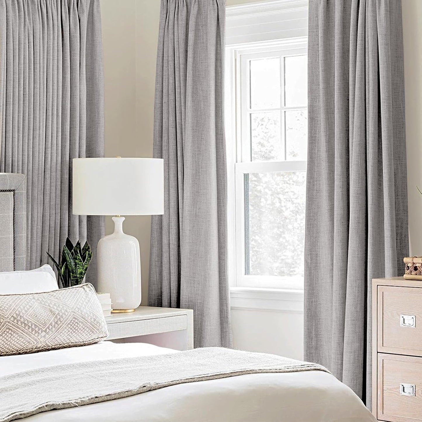MIULEE Linen Texture Curtains for Bedroom Solid 100% Blackout Thermal Insulated Greyish White Curtains Grommet Room Darkening Drapes for Living Room Nursery 52x84 Inch (2 Panels)