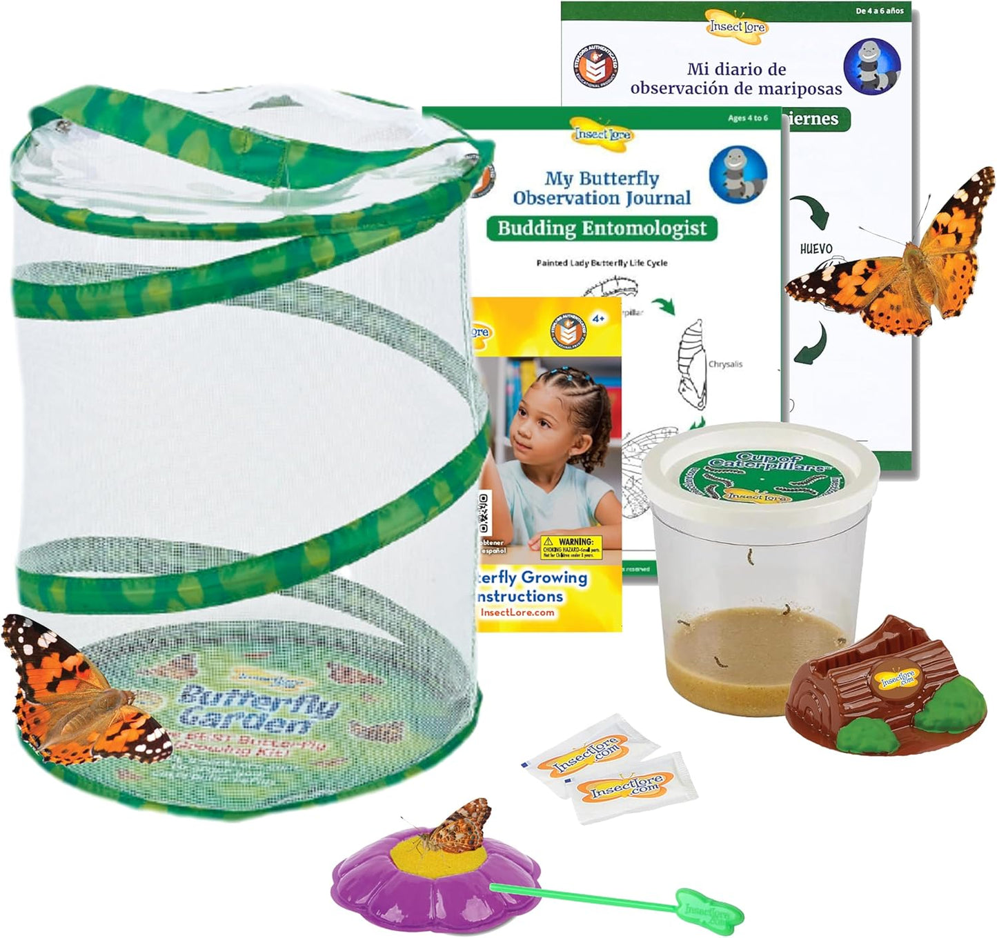 Insect Lore Butterfly Garden with Live Cup of Caterpillars | English and Spanish STEM Activity Journals | 5 Painted Lady Butterfly Baby Caterpillars and Mesh Habitat