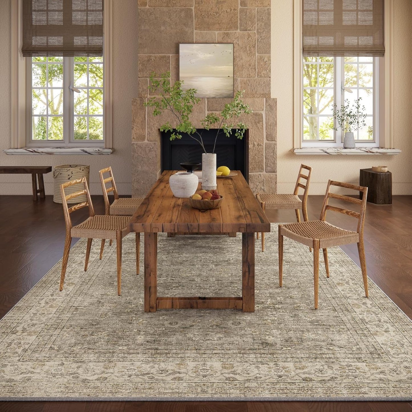 Machine Washable Rugs for Living Room: 5x7 Area Rugs for Bedroom Vintage Stain Resistant Non Slip Low Pile Lightweight Boho Carpet for Kitchen Dining Room Farmhouse Kids Room Nursery