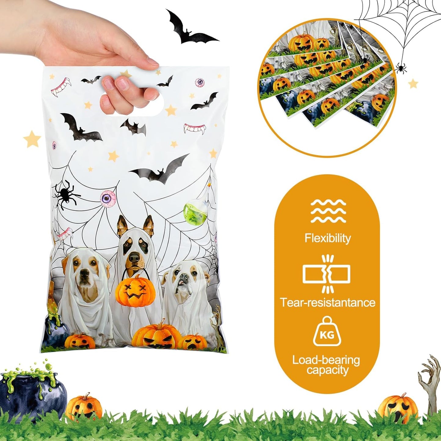ReliThick 150 Pcs Halloween Dog Bags Ghost Dog Bags Kits Trick or Treat Ghost Themed Party Favor Storage Supplies Halloween Snack Candy Pouches Packaging for Kids Party Decorations Supplies Favors