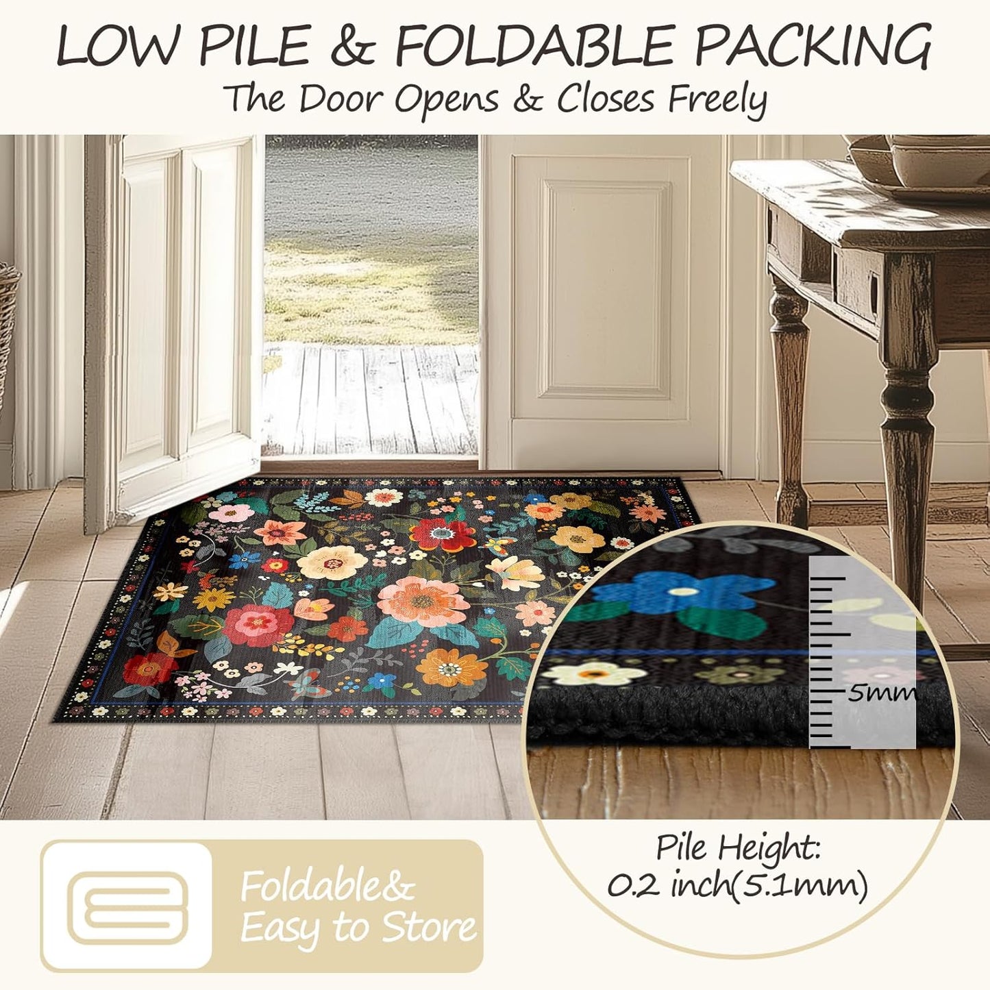 Floral 3x5 Area Rug Machine Washable Soft Print Boho Carpet Non Slip Doormat Low Pile Flower Area Rugs for Living Room Bedroom Nursery Kitchen Dining Room Indoor-Black