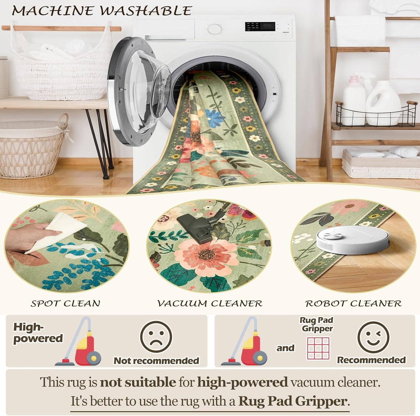 Floral 4x6 Area Rug Machine Washable Soft Print Boho Carpet Non Slip Doormat Low Pile Flower Area Rugs for Living Room Bedroom Nursery Kitchen Dining Room Indoor-Light Green