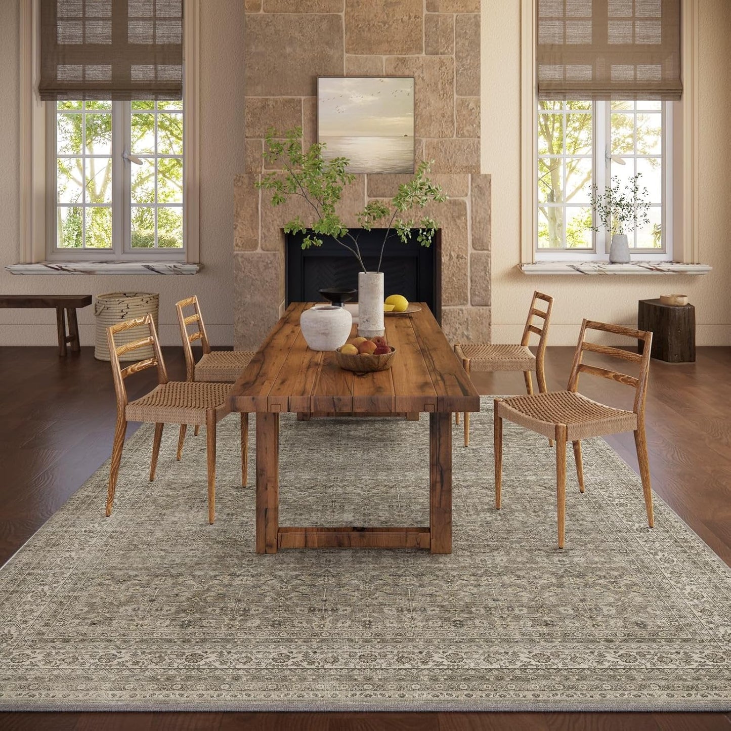 Washable Area Rugs for Living Room: 5x7 Bedroom Area Rug Boho Vintage Rugs Stain Resistant Non Slip Low Pile Soft Lightweight Carpet for Kitchen Dining Room Farmhouse Nursery Kids Room
