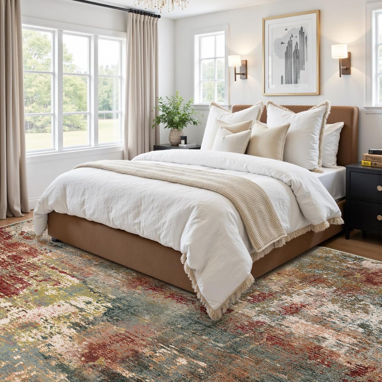 Washable Area Rugs 8'x10' Non-Slip Modern Abstract Soft for Living Room Entryway Bedroom Nursery, Print Pattern, Brown Rust Red Multi