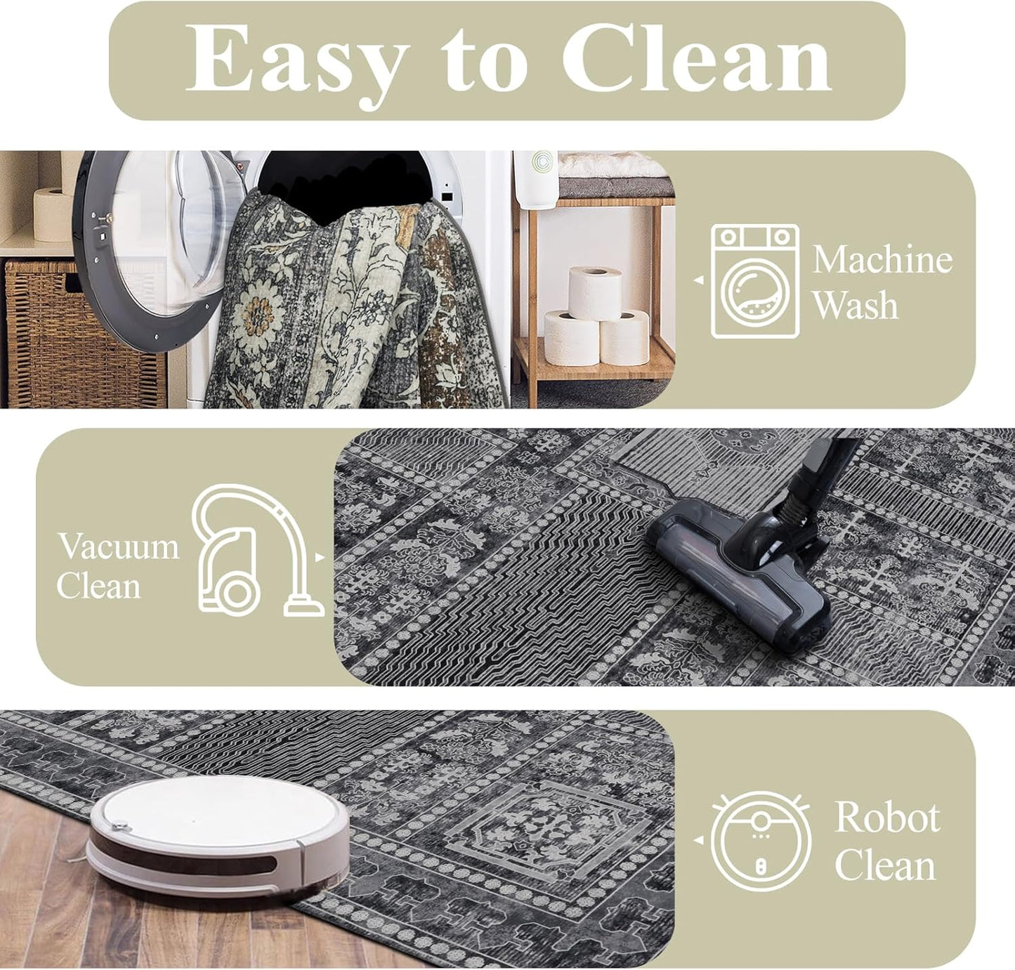 Washable Area Rugs 8x10, Large Rugs for Living Room, Carpet for Bedroom, Soft Faux Wool Retro Dining Room Rug, Non-Slip Backing Resistant Low Pile Vintage Print Rug for Home Office (Grey)