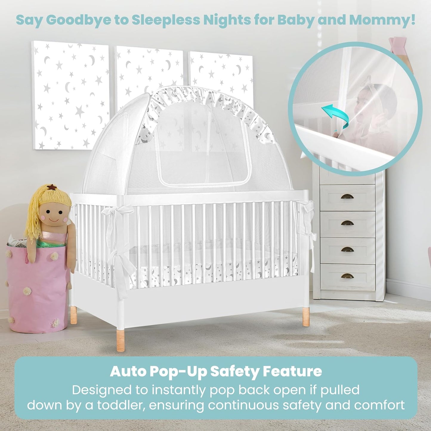 Premium Pop Up Crib Tent, Crib Cover to Keep Baby from Climbing Out, Prevent Falls and Mosquito Bites, Safety Net Canopy - Sturdy & Stylish Infant Topper, Mosquito Net