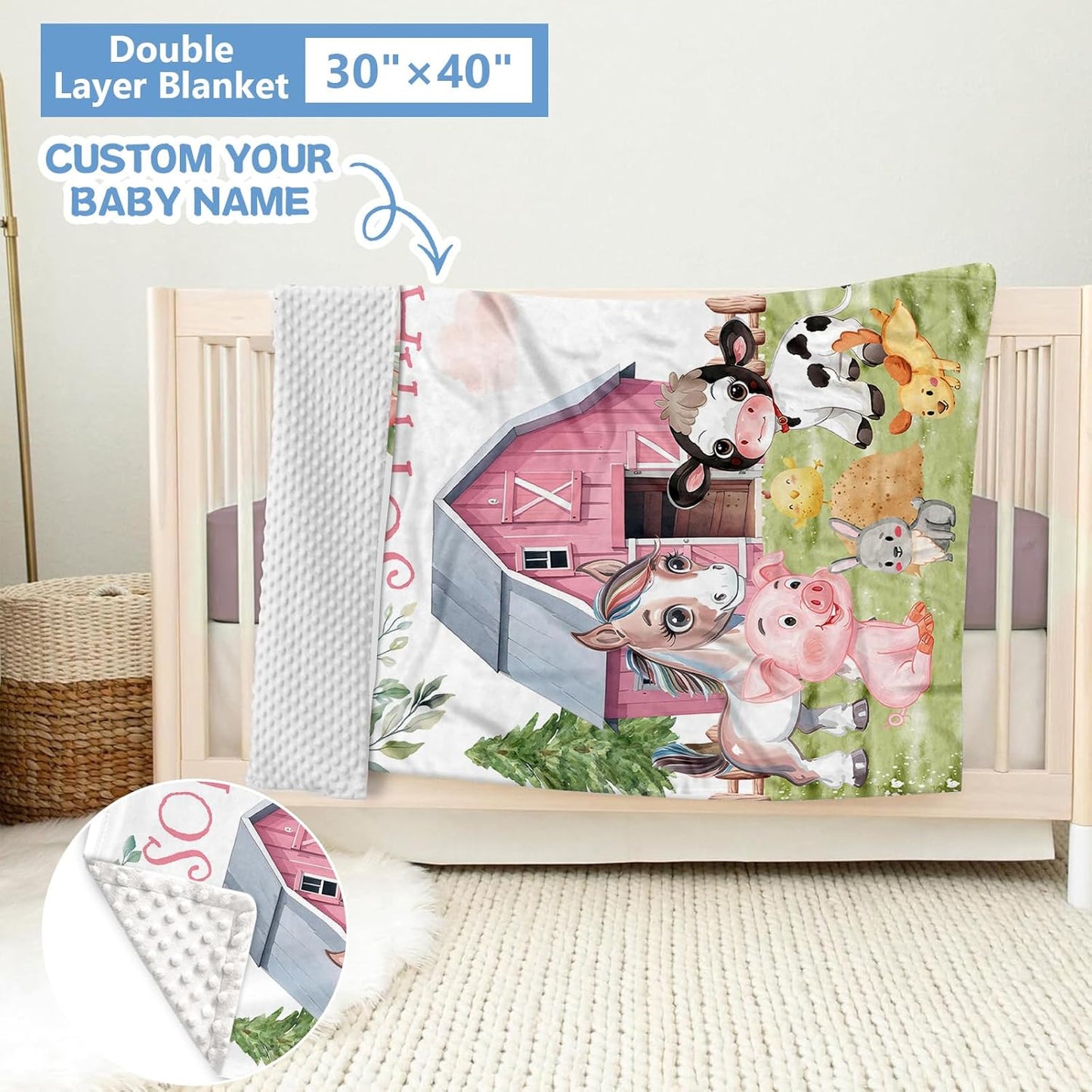 Personalized Baby Bedding Set, 5 Pcs Custom Crib Set With Name, Double Layer Nursery Bedding, Soft Farm Animal Set for Boy Girls, Customized Gift for Toddler Infant