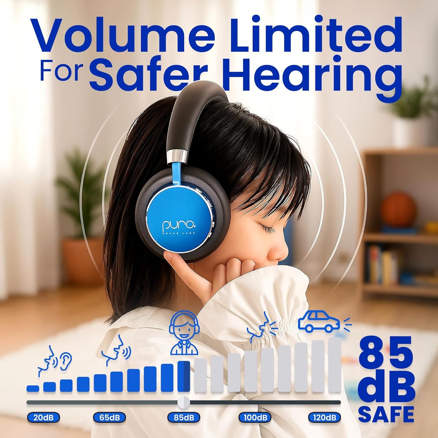 Puro Sound Labs BT2200 Plus Kids Bluetooth Headphones – Volume-Limiting 85dB, Studio-Grade Audio, Over-Ear & Comfy Design, 20-Hour Battery Life, Easy to Connect Wireless Headphones for Kids, Blue