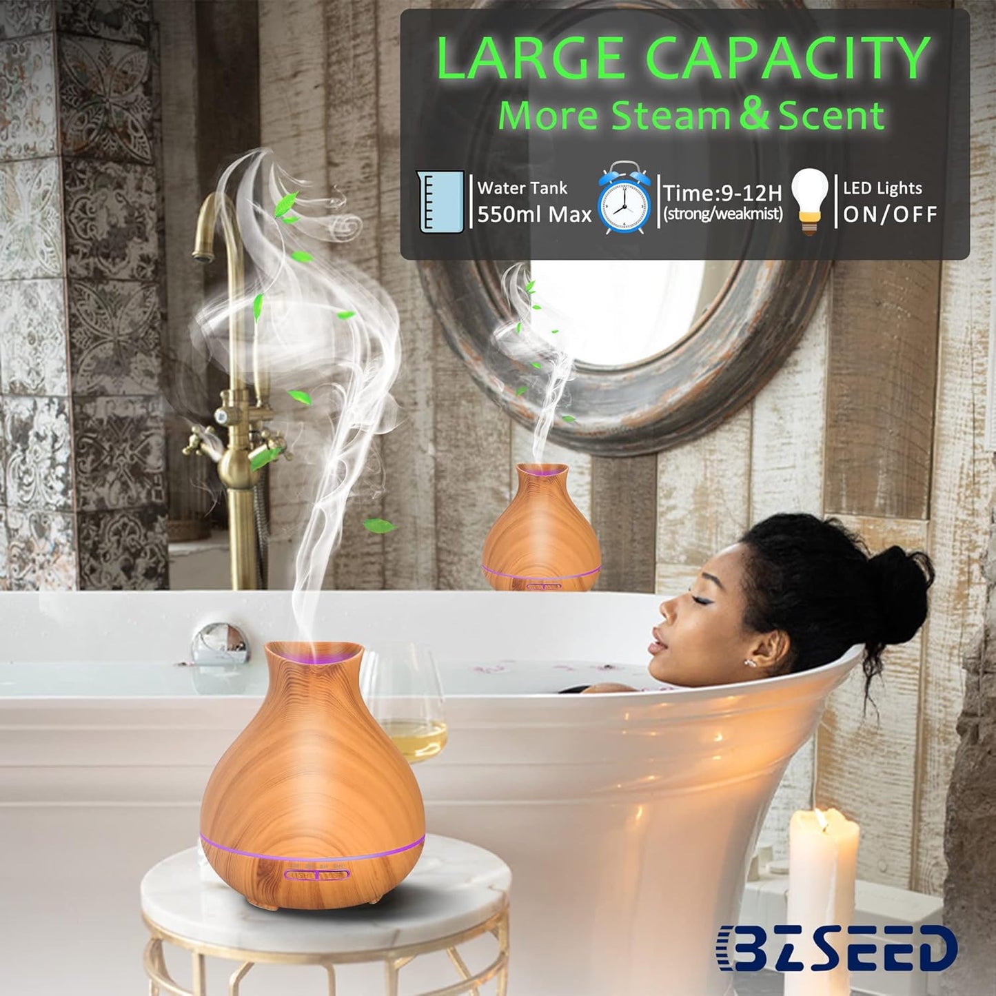 BZseed Aromatherapy Essential Oil Diffuser,2 PCS Humidifier with 550ml Lasting Mist Output Waterless Auto-Off Ultrasonic Diffusers 7 Color LED Lights Cool Mist Humidifier for Large Room, Home
