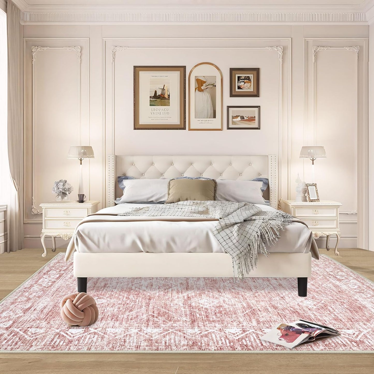 Large Living Room Area Rug 9x12 - Machine Washable Vintage Boho Moroccan Rugs Geometric Neutral Rug Non-Shedding Low Pile Distressed Farmhouse Carpet for Bedroom Nursery Classroom Dorm(9'x12',Pink)