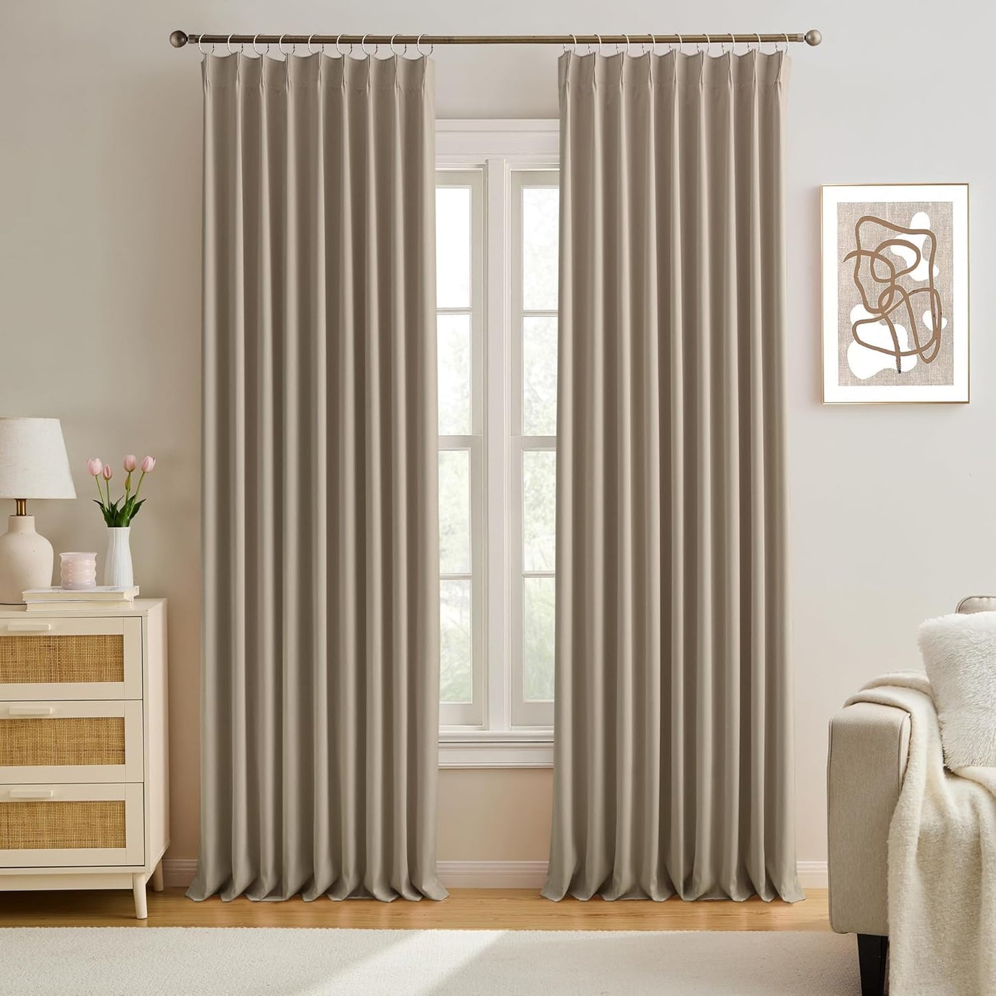 KEQIAOSUOCAI 60 Wide Pinch Pleated Window Curtain Panels 105 Inches Long Custom Made Pleated Curtains Hooks Track Privacy Memory Shape Drape for Living Room,Khaki, Set of 2=120 Inch Wide