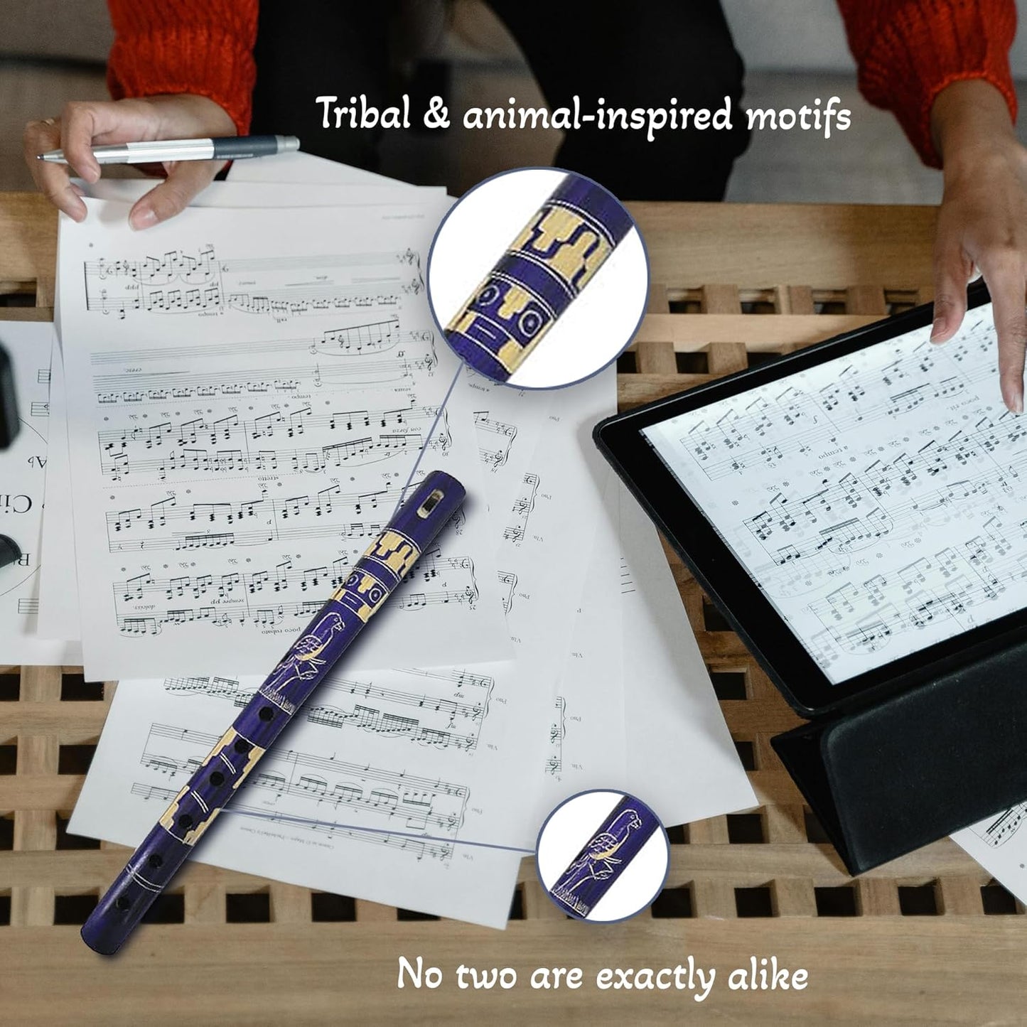 Mia Jewel Shop - Handmade Colored Bamboo Wooden Flute | Tribal Nature Pattern | Native Recorder for Beginners, Meditation & Music Lovers (Indigo)