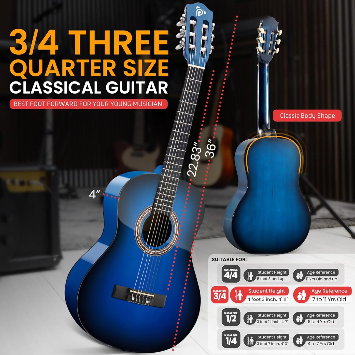 Pyle Beginner Acoustic Guitar Kit, 3/4 Junior Size All Wood Build Nylon String Instrument with Capo, Gig Bag, Strap, Extra String Set, Guitars for Beginners Adults and Youth, 36" Blue Burst Gloss
