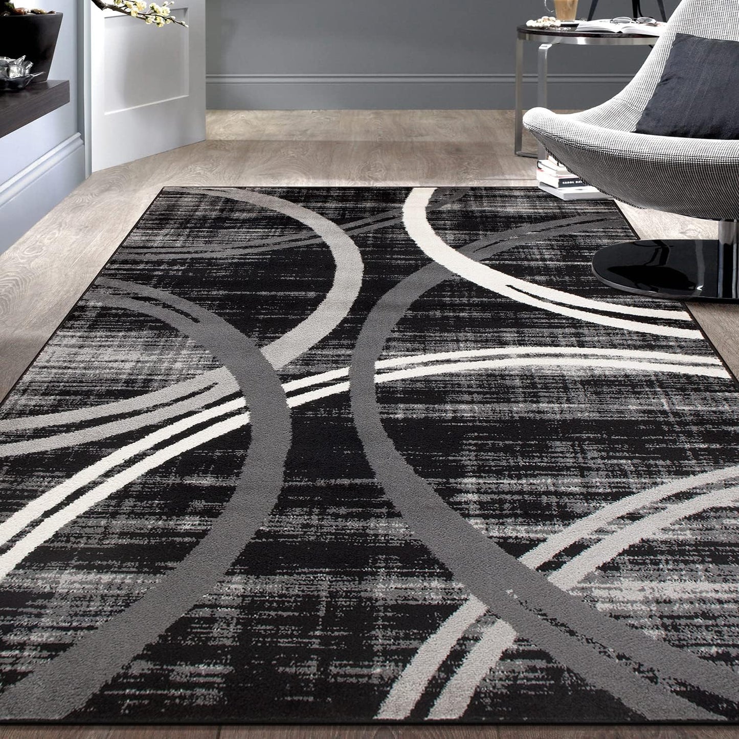 Rugshop Modern Wavy Circles Design Area Rug 6'6" x 9' Black