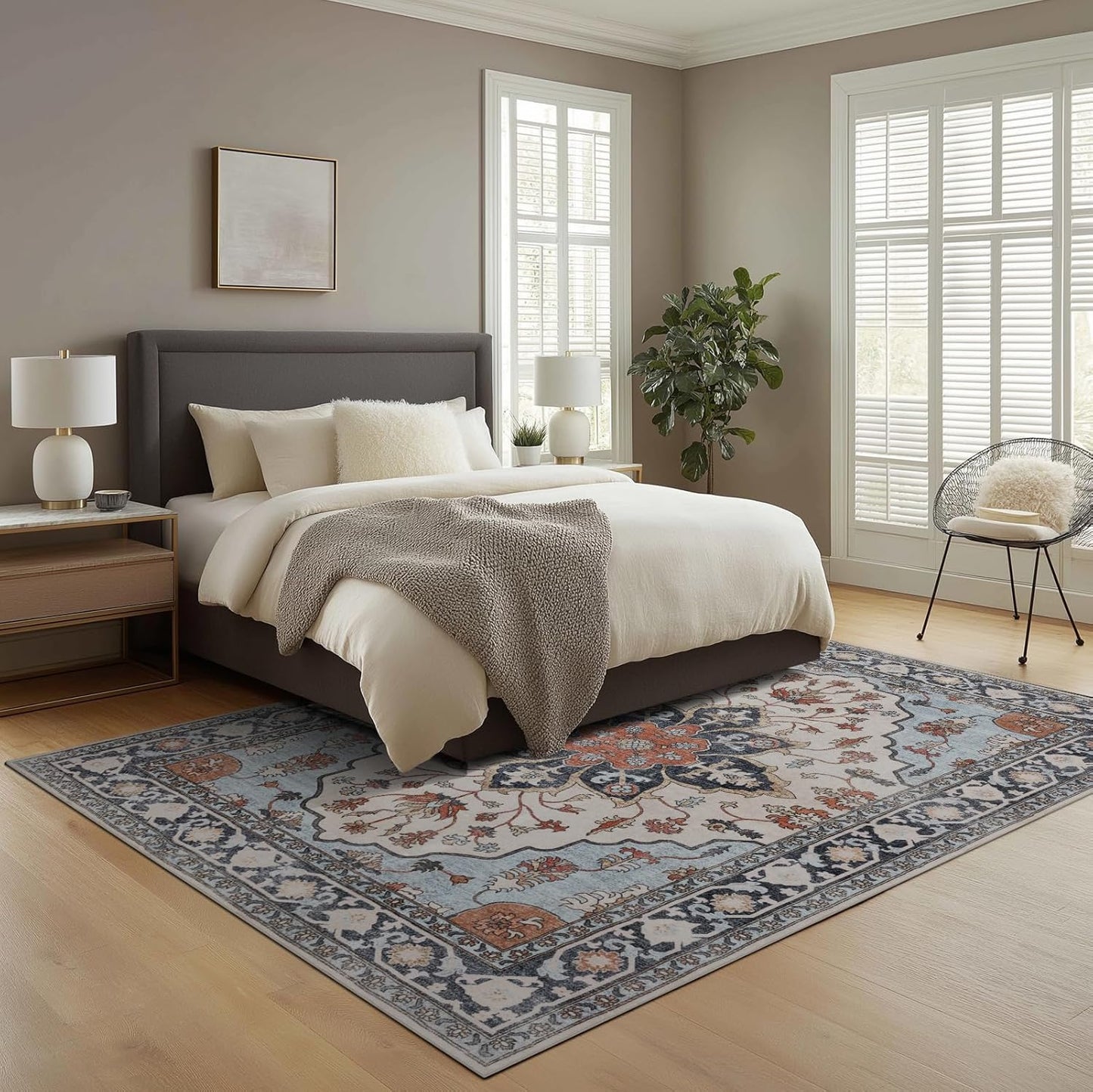 Washable Area Rugs 8x10, Large Rugs for Living Room, Carpet for Bedroom, Soft Faux Wool Retro Dining Room Rug, Non-Slip Backing Resistant Low Pile Vintage Print Rug for Home Office (Blue/Gray)
