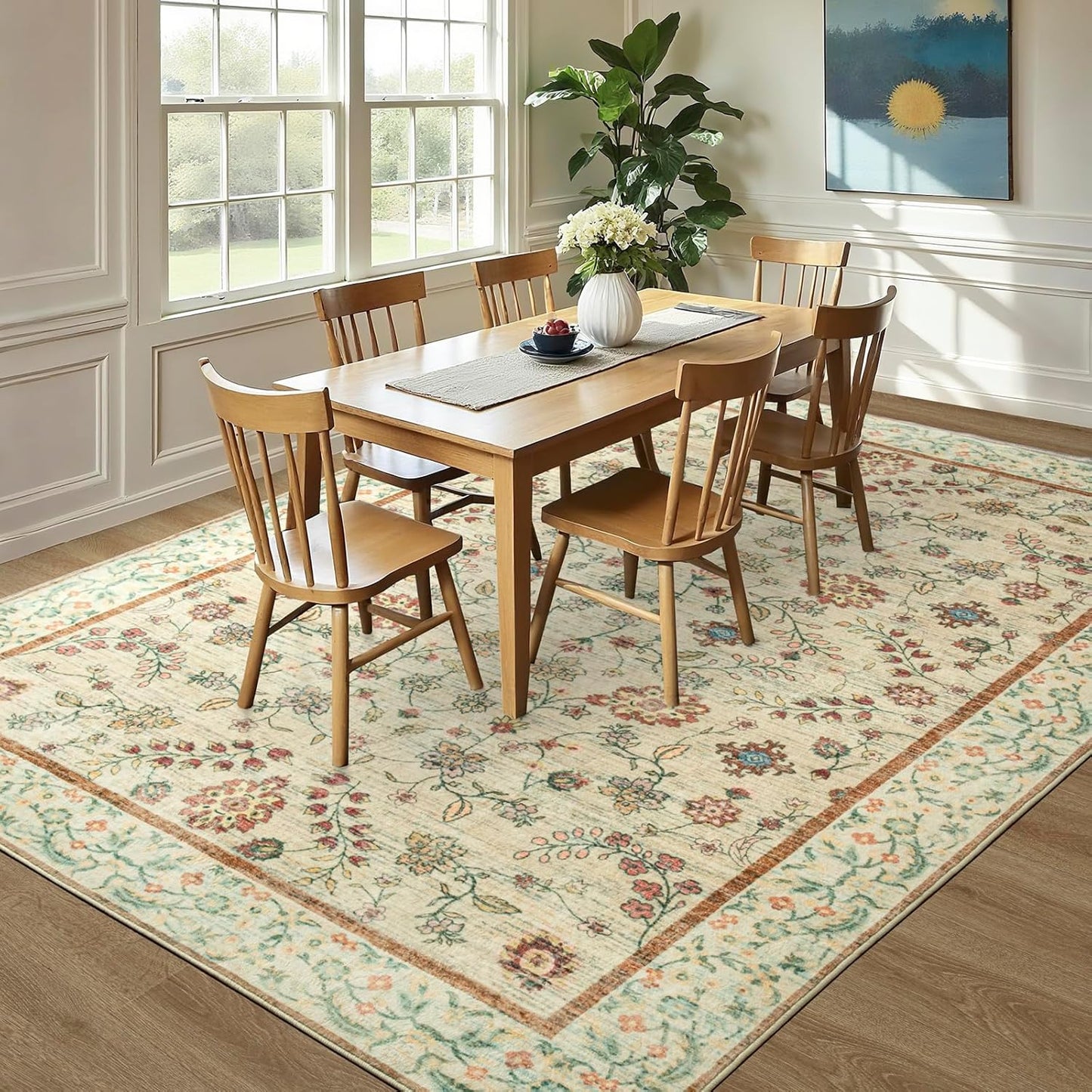LOCHAS Washable Area Rugs 5x7, Beige Floral Rug for Living Room Bedroom Non Slip, Ultra Soft Vintage Indoor Carpet for Kids, Nursery, Dorm, Dining Room, Classroom, Boho Flower Home Decor, Low-Pile