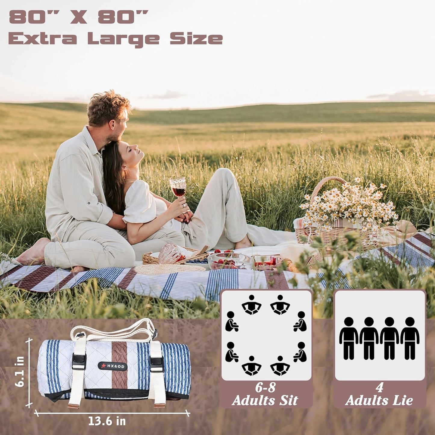 Waterproof Picnic Mat, Outdoor Camping Oversized Field Blanket. Portable Thickened Camping Blanket, Suitable for Beach, Camping, Music Festival, Party, Outdoor Adventure. (Brown&Blue&White, 80”x80”)