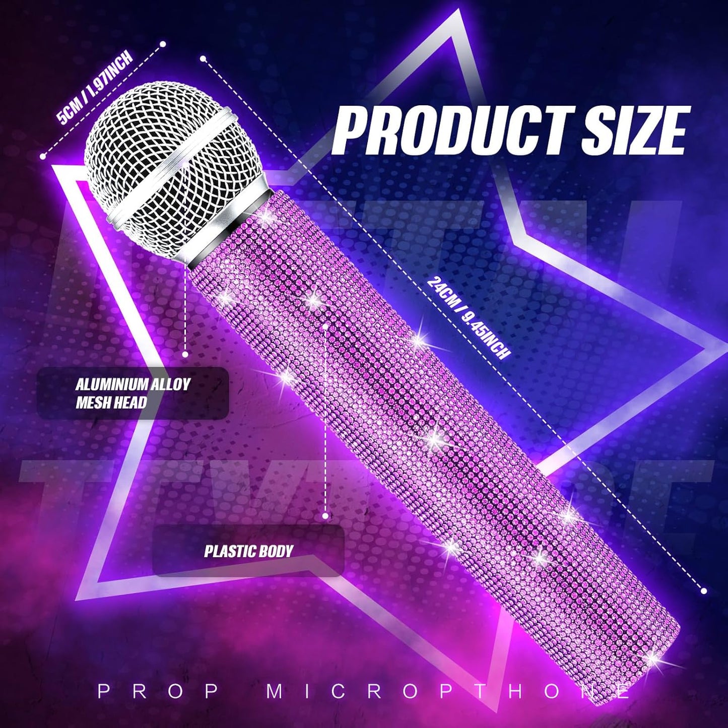 Sanwuta Fake Microphone Prop Sparkly Bling Rhinestones Plastic Play Microphone Pretend Glitter Bedazzled Mic for Cosplay Party Costume(Purple)