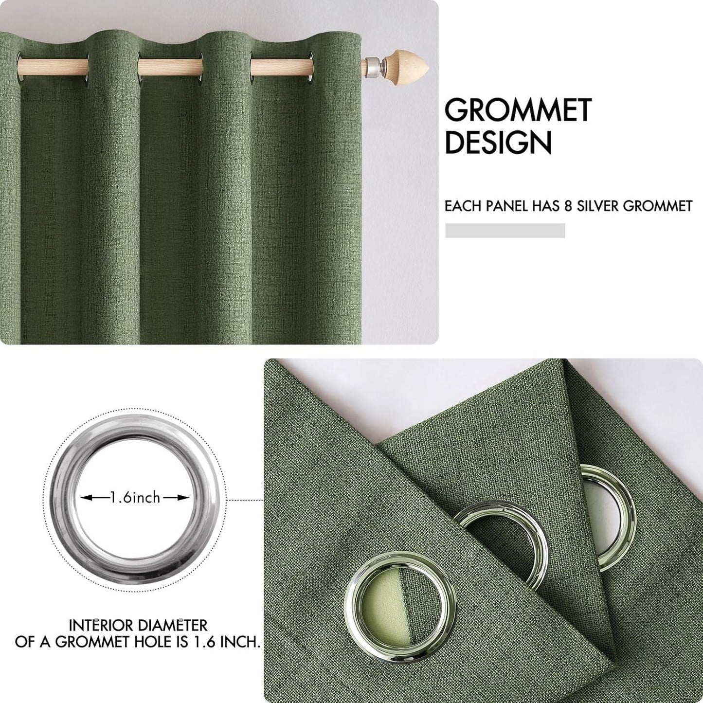 MIULEE 100% Blackout Linen Textured Curtains for Bedroom Solid Thermal Insulated Olive Green Grommet Room Darkening Curtains & Drapes Luxury Decor for Living Room Nursery 52 x 108 Inch (2 Panels)