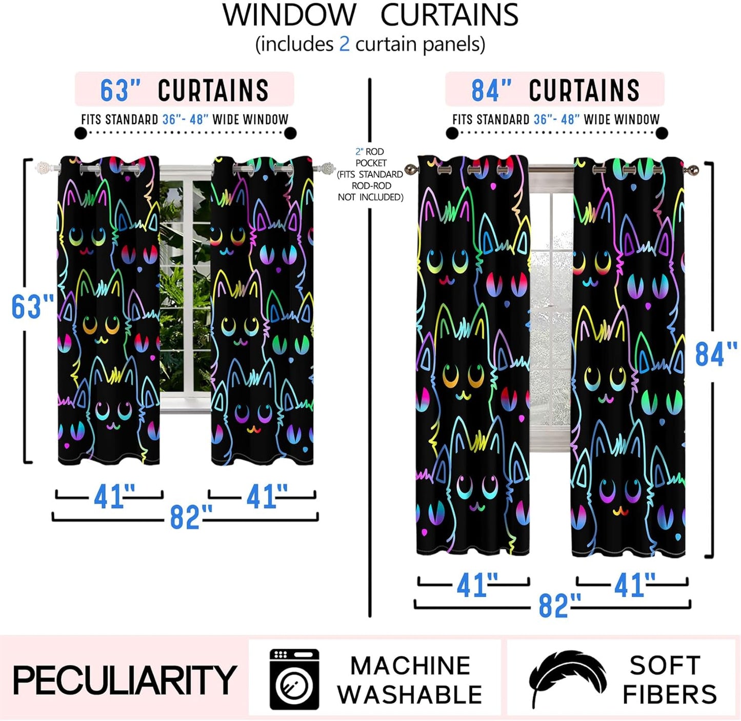 Cat Curtain Panels for Girls - 2Pcs Cat Blackout Curtains for Girls Bedroom, 82" W x 63" L