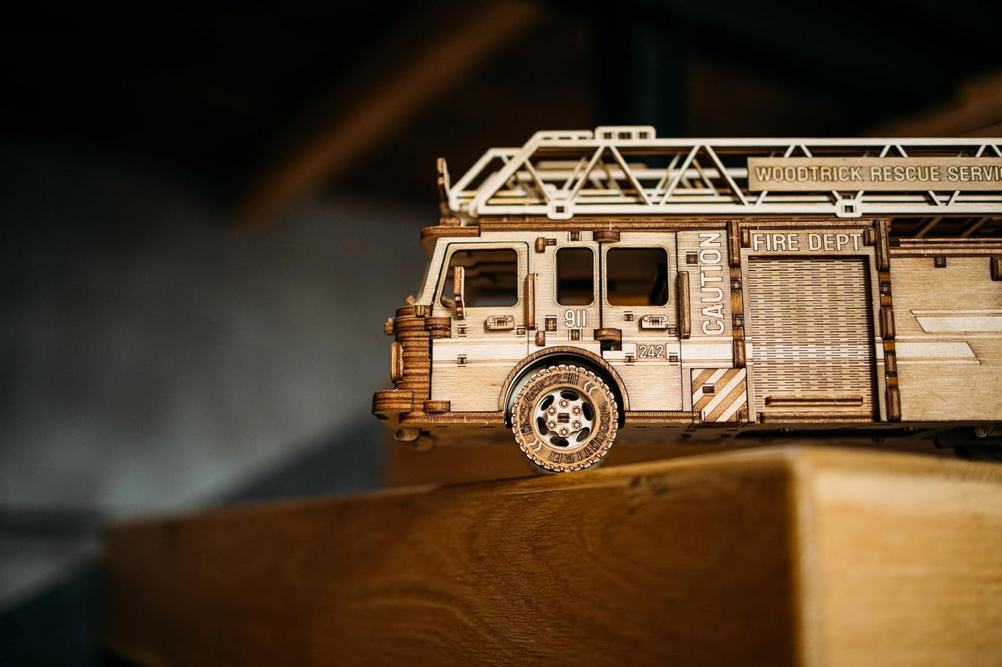 Wood Trick Rescue Firetruck Movable - Rotating Extendable Ladder - 3D Wooden Puzzles for Adults and Kids to Build - Rides up to 20 ft - Wooden Models Engineering DIY Project Mechanical Model Kit