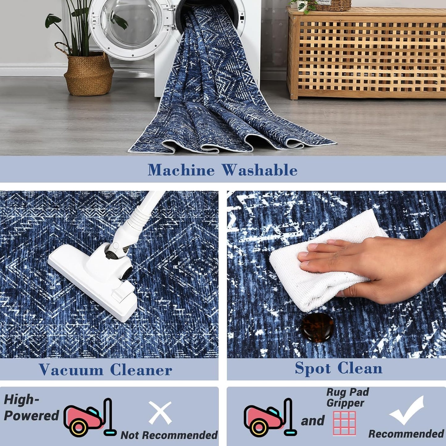 COZYLOOM Area Rug 5x7 Washable Rug for Living Room Bedroom Playroom Nursery Vintage Non Slip Low Pile Soft Throw Floor Cover Geometric Tribal Foldable Indoor Carpet, Blue
