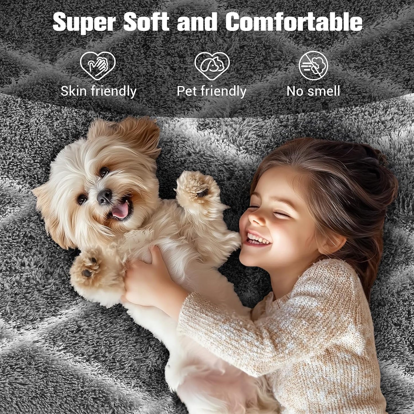 Fluffy Rug for Bedroom, Stripe Checkered Rug Anti-Skid High Pile for Living Room Bedroom Kids Room Nursery, Dorm Home Decor
