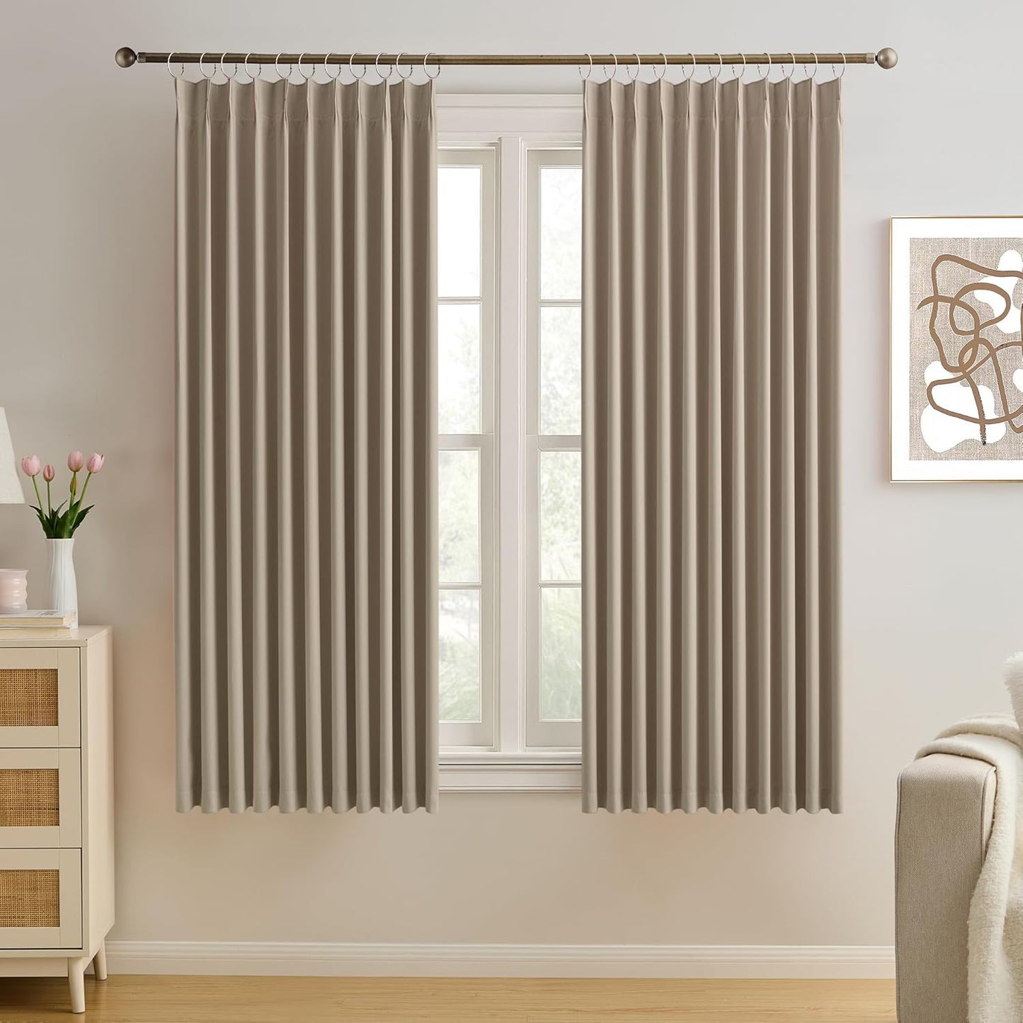 KEQIAOSUOCAI Pinch Pleated Window Curtain Panels 63 Inches Long Light Blocking Solid Ceiling Floor Pleated Curtains Hooks Track Privacy Memory Shape Drape for Living Room,Khaki,80x63, Set of 2