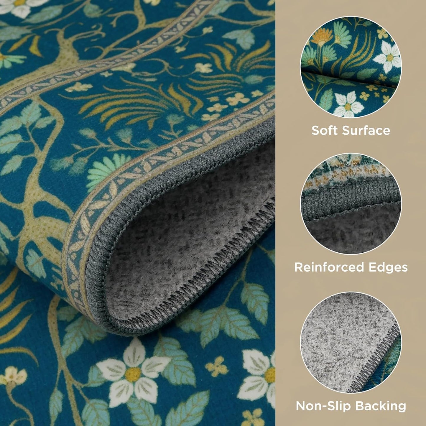 Joydeco Washable Area Rugs 5x7, Boho Floral Dining Room Rug Non Slip, Soft Low-Pile Botanical Forest Indoor Floor Throw Carpet for Living Home Office Playroom Foyer, Dark Blue