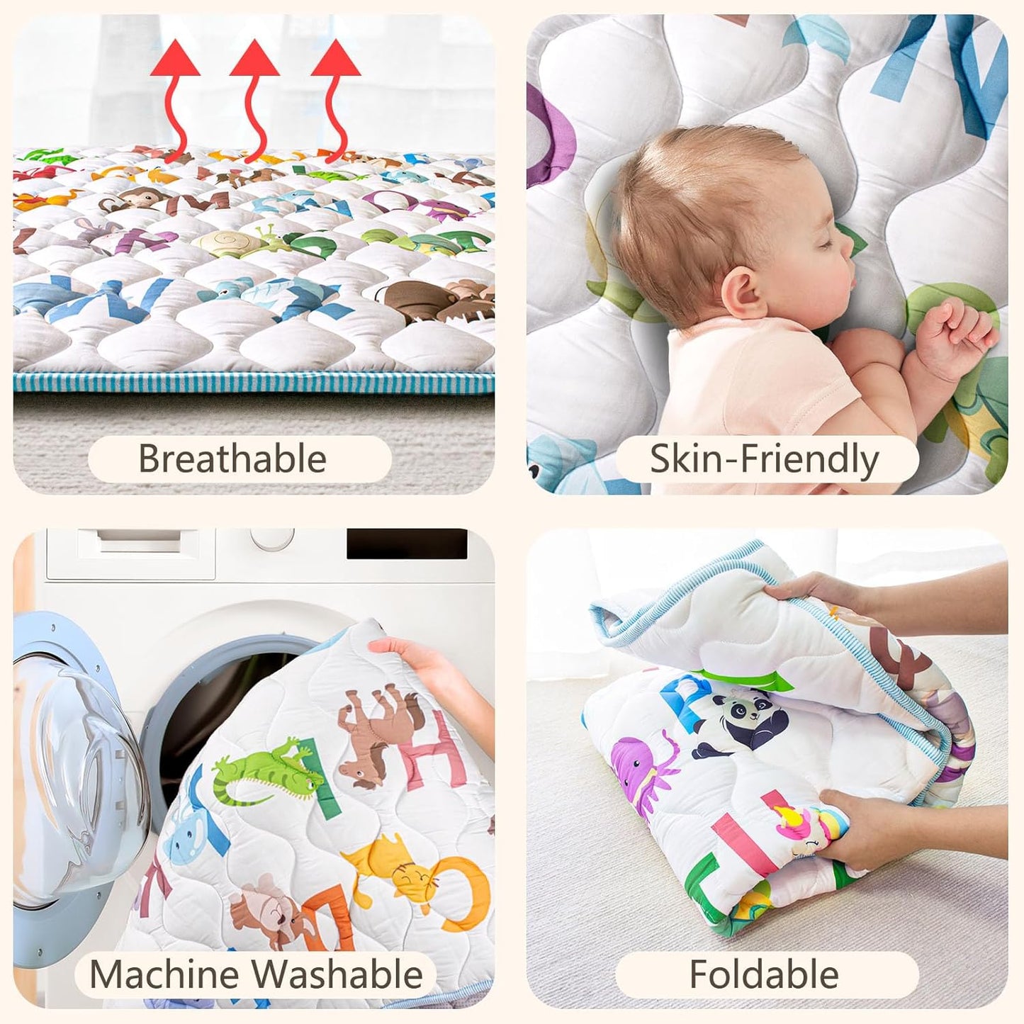 Baby Play Mat, 50x50 Playpen Mat with Super Soft Touch, Activity Mats with Upgraded Anti-Slip Bottom, Machine Washable Crawling Mats for Floor & Picnic (Animal Alphabets)