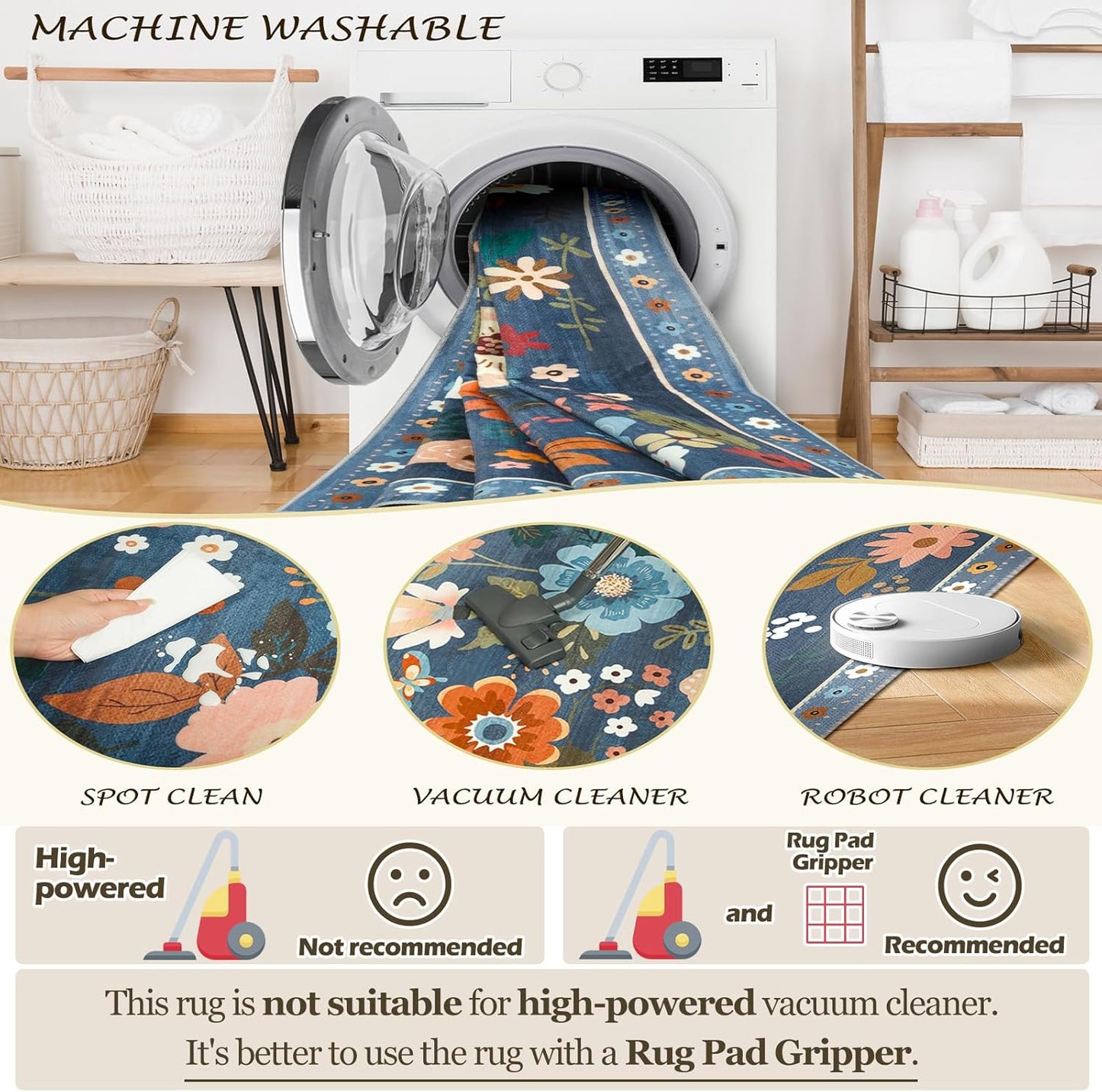 Floral 6x9 Area Rug Machine Washable Soft Print Boho Carpet Non Slip Doormat Low Pile Flower Area Rugs for Living Room Bedroom Nursery Kitchen Dining Room Indoor-Blue/Grey