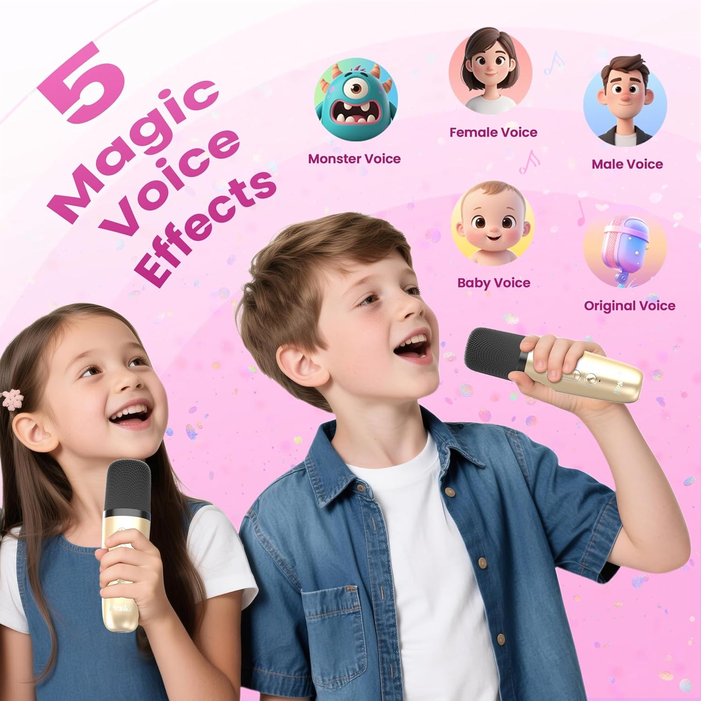 Karaoke Machine for Kids Adults, Portable Bluetooth Mini Karaoke Microphone Singing Speaker Karaoke Player with 2 Wireless Mic, for All Smartphones,Birthday, Family,Home Party (Gold)