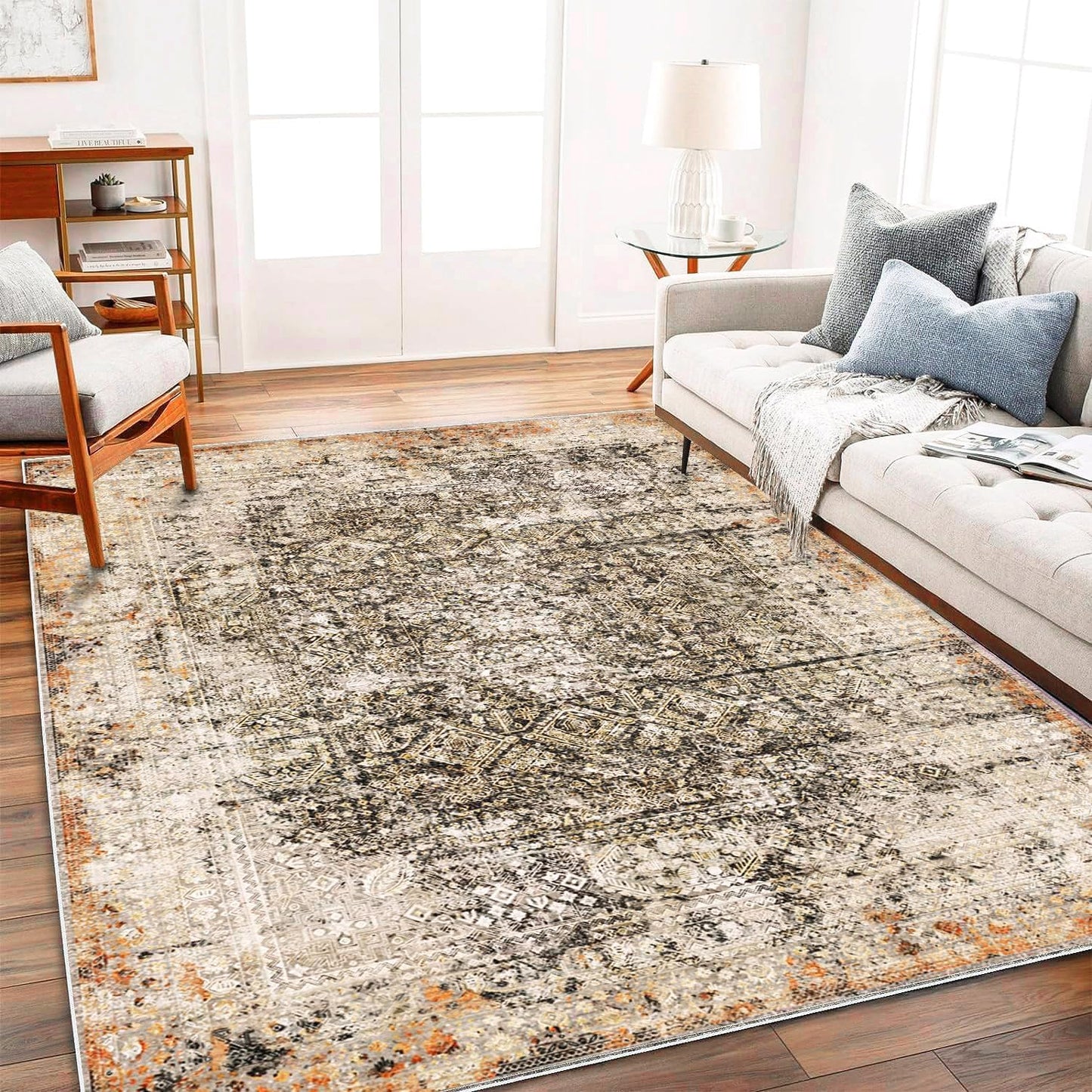 Area Rug 10'x14' Washable Vintage Traditional Mat Distressed Indoor Foldable Thin Retro Accent Floral Print Non Slip Carpet for Living Room Dining Room Office Large Rugs