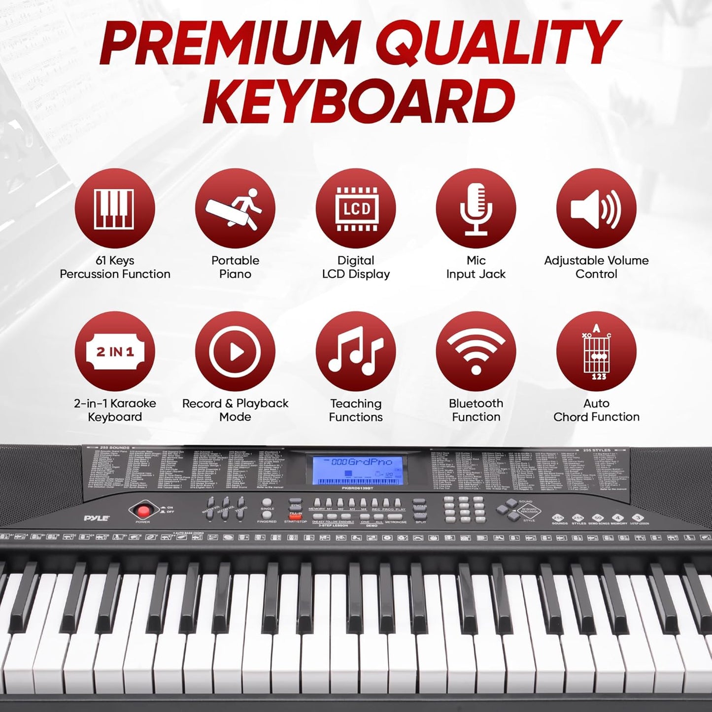 PYLE Electric Piano, Electric Keyboard Piano, Music Keyboard, 61 Keys, Bluetooth, LCD Display, Portable Design, Karaoke Function, Includes Stand, Stool, Book Rack, Headset, Perfect for Beginners