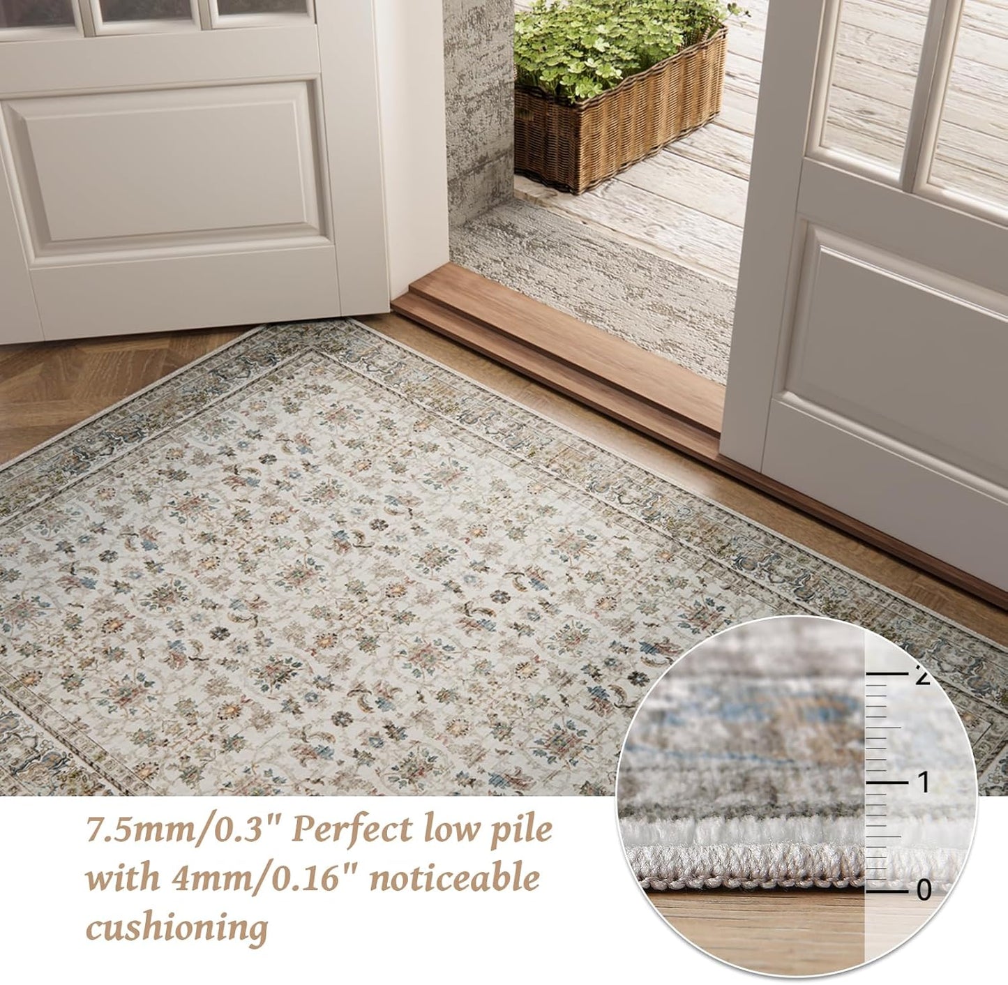 Washable 10x14 Area Rugs for Living Room, Boho Non-Slip Silicone Backing Rugs for Bedroom Dining Room Office, 0.3" Neutral Oriental Throw Carpet with 0.16" Cushioning Pad, Cream/Multi