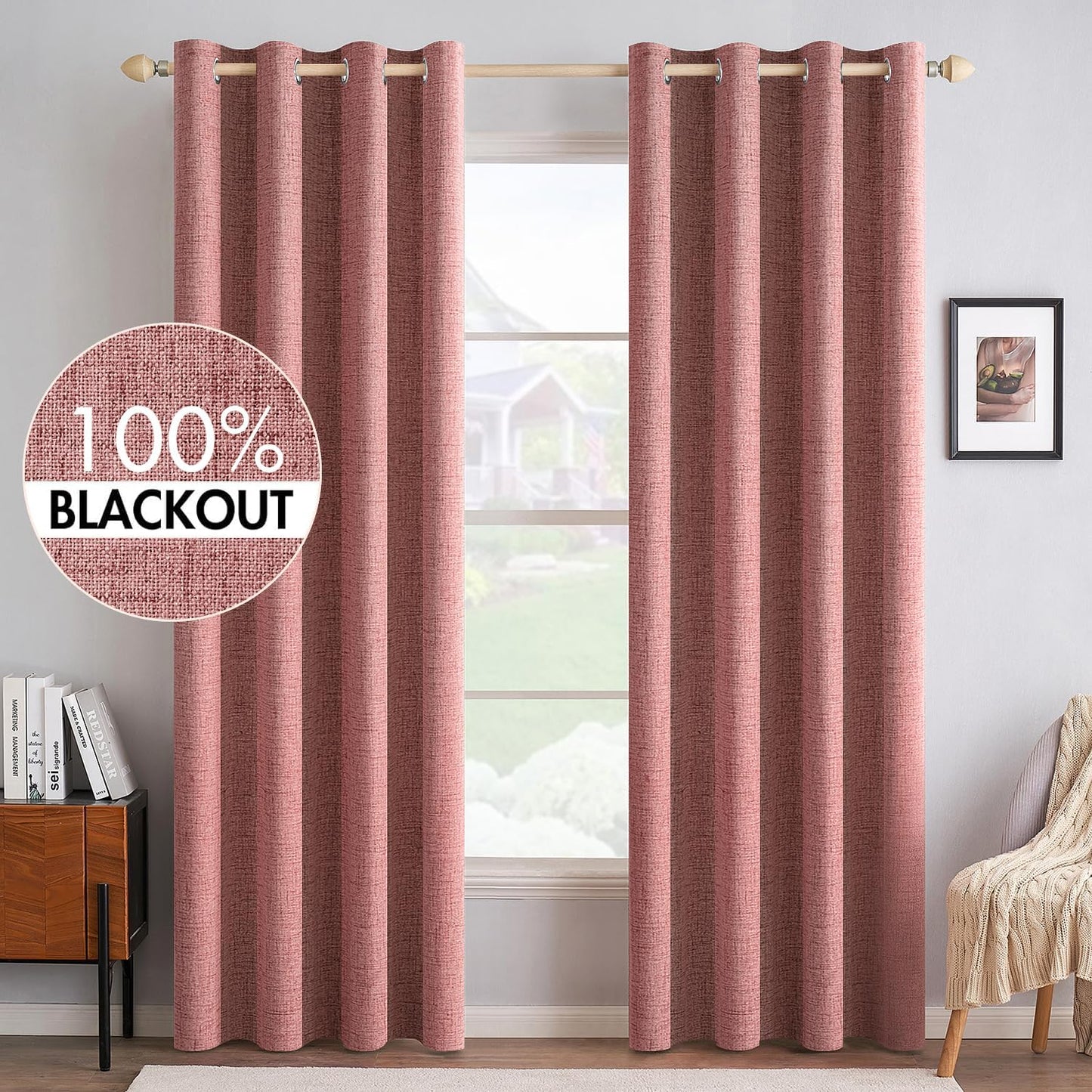 MIULEE 100% Blackout Linen Textured Curtains for Bedroom Solid Thermal Insulated Dusty Rose Grommet Room Darkening Curtains & Drapes Luxury Decor for Living Room Nursery 52 x 96 Inch (2 Panels)