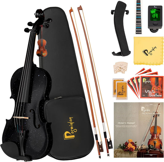 3/4 Acoustic Violin Fiddle, Black Violin for Beginners for Beginners Violin Starter Kit w/Case, Two Bows, Two Bridges, Two Rosins, Two 3/4 Strings Full Size Set, Shoulder Rest, Clip-on Tuner, Manual