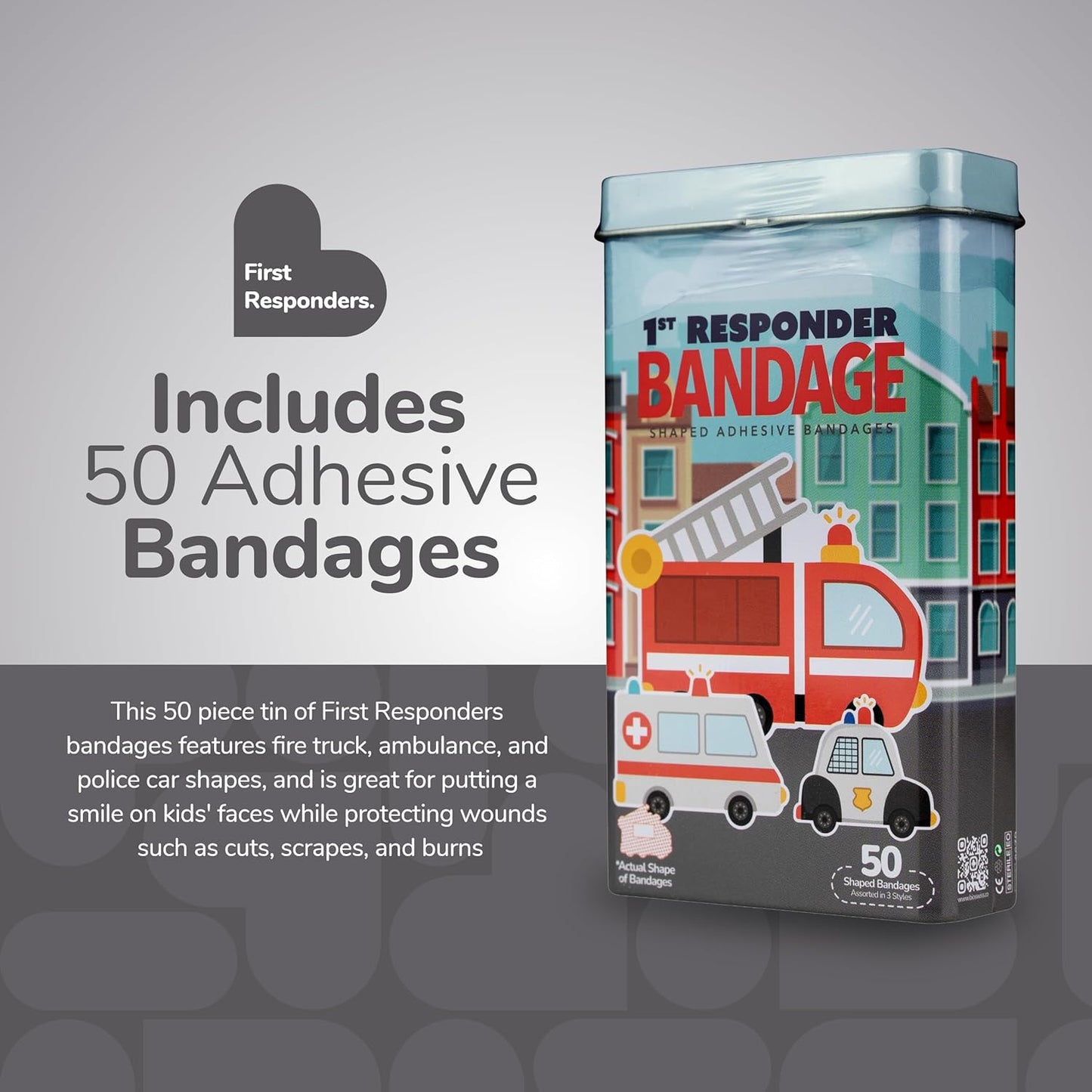 BioSwiss Bandages, First Responders Shaped Self Adhesive Bandage, Latex Free Sterile Wound Care, Fun First Aid Kit Supplies for Kids and Adults, 50 Count