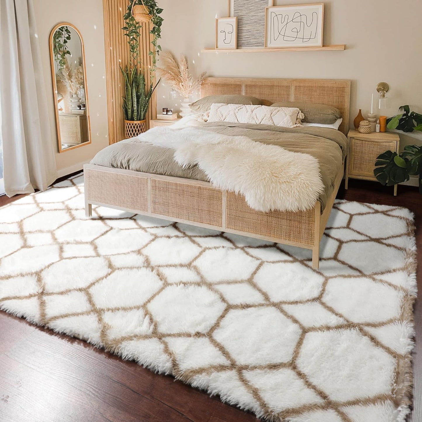 ONASAR 8x10 Area Rugs for Living Room, Fluffy White and Beige Bedroom Rug, Washable Geometric Boho Large Soft Plush Shaggy Fuzzy Floor Carpet for Nursery Kids Classroom Playroom Dorm Home Decor