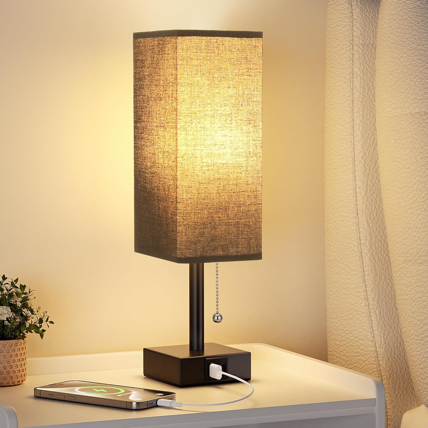 Black Small Table Lamp for Bedroom - 3 Color Temperature 3000K 5000K 4000K Bedside Lamp, Pull Chain Control, USB A and C Charging Ports, Black Base, for Kids Office Dorm Nightstand, Bulb Included