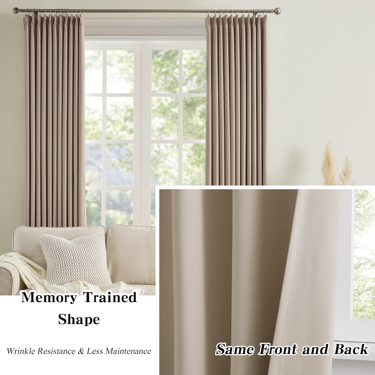 KEQIAOSUOCAI Pinch Pleated Curtains 120 Inch Long,Memory Trained Pleated Viral Window Drapes with Hooks 10 FT Tall Curtains for Living Room Bedroom (Khaki Taupe,40W x 120L x 2 Panels)