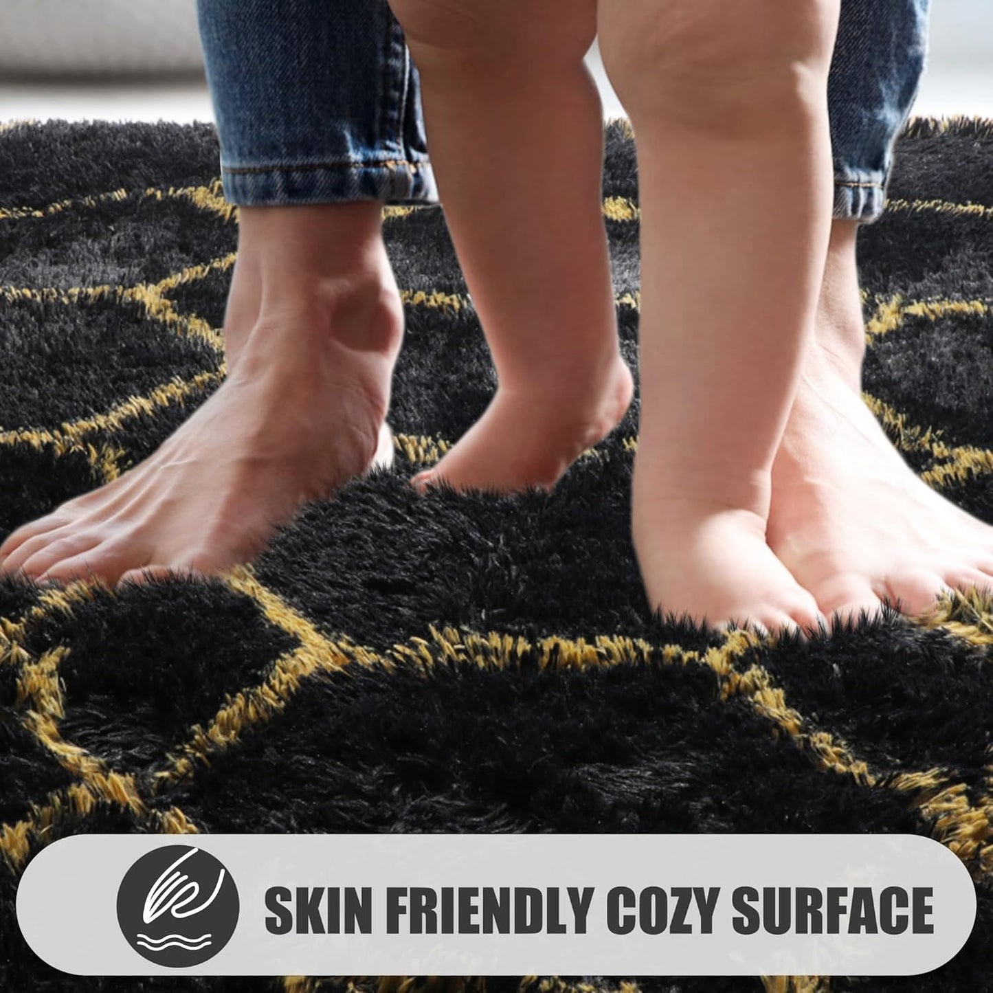 ONASAR 6x9 Area Rugs for Living Room Bedroom, Washable Large Fluffy Black and Gold Throw Rug, Geometric Soft Plush Shaggy Fuzzy Floor Carpet for Nursery Kids Girls Boys Teen Dorm Home Office Decor