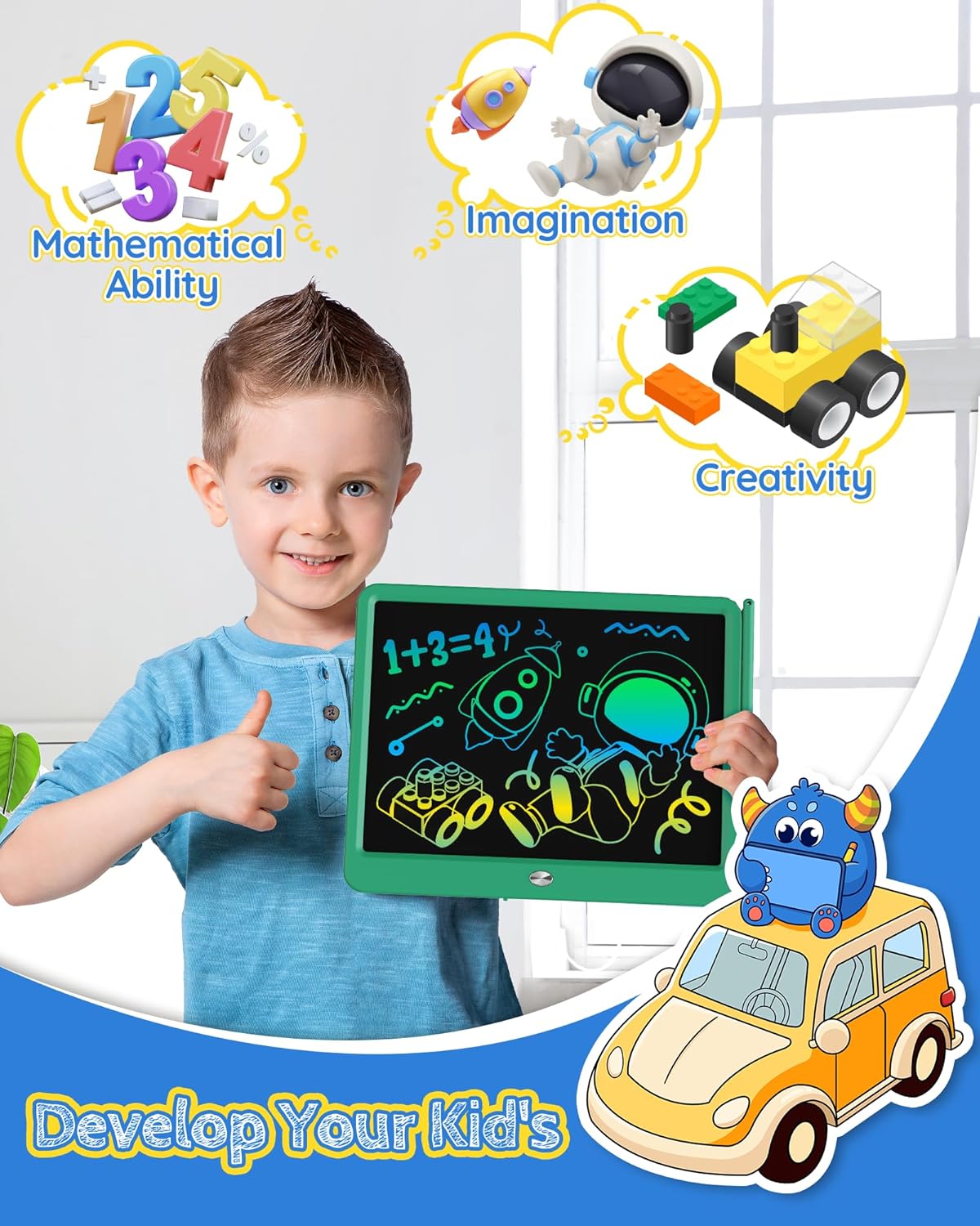 TEKFUN LCD Writing Tablet for Kids Boys Toys, 12 Inch Erasable Doodle Board Colorful Drawing Pad, Board Games Outdoor Travel Toys Gifts for Toddlers Boys Adults (Green)