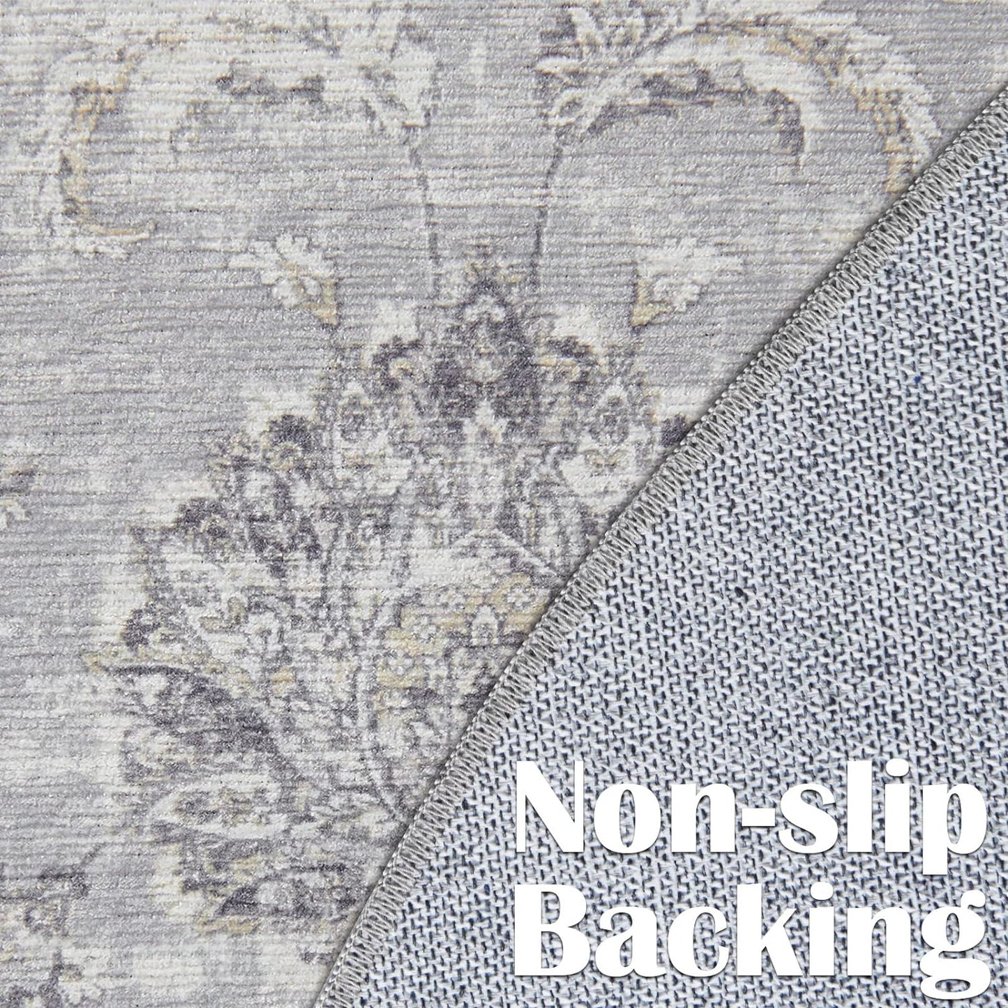 jinchan Round Rug 4ft Area Rugs Vintage Floral Distressed Design - Machine Washable Non-Slip Low-Pile Ultra-Thin Circle Rug for Entryway Bedside Living Room Dining Room Bedroom (4' Round,Grey)