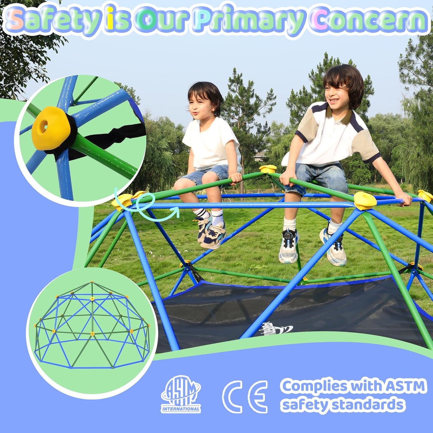 Gardenature 10FT Climbing Dome with Hammock, Outdoor Jungle Gym for Kids, Geometric Dome Climber Supporting 880 Lbs Anti-Rust Metal Outdoor Play Structure ASTM Approved Blue & Green